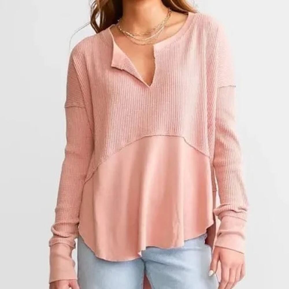 Free People Monterey Henley Waffle Long Sleeve in Pink, XL